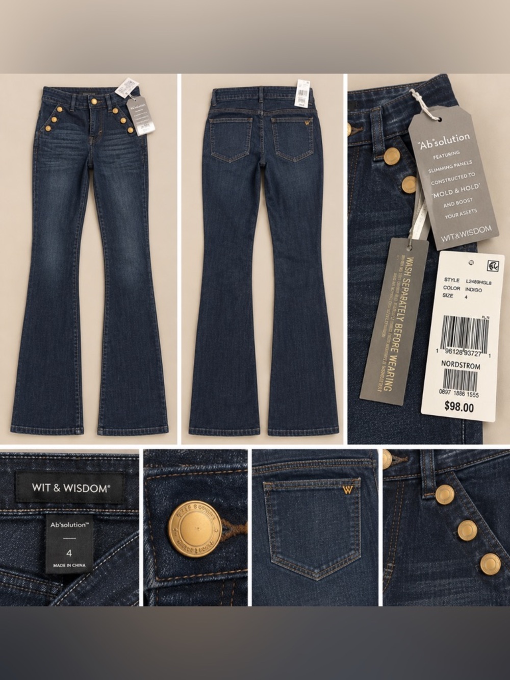 Wit & Wisdom Indigo Flare Jeans with Gold Buttons